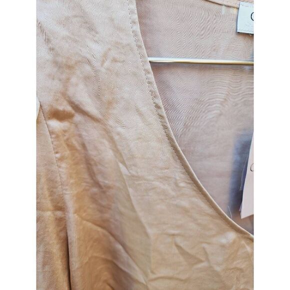 Carmen Marc Valvo Womens Blouse Beige Long Sleeve V Neck Keyhole Cuffs XL New - Picture 3 of 8